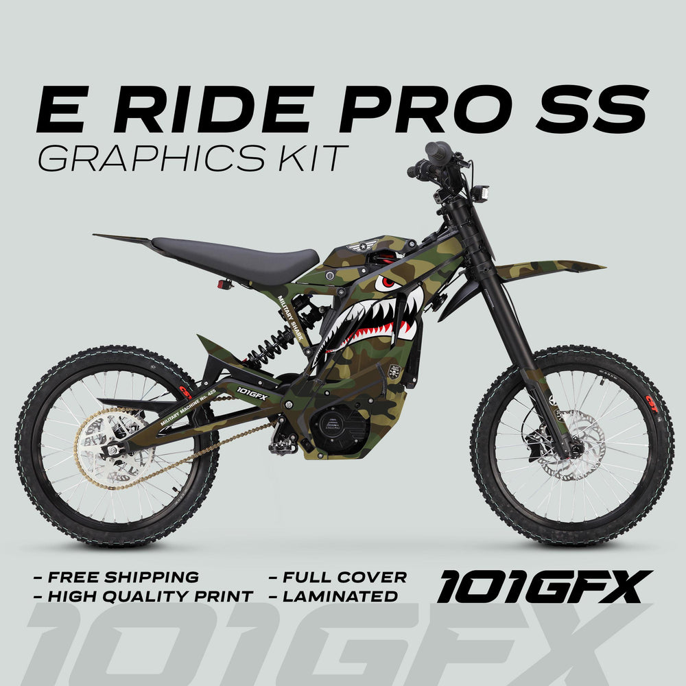 E Ride Pro SS Graphics Kit MILITARY SHARK Camo on bike, featuring shark-mouth design, camouflage print, and promotional text highlighting free shipping, high-quality print, full cover, laminated.