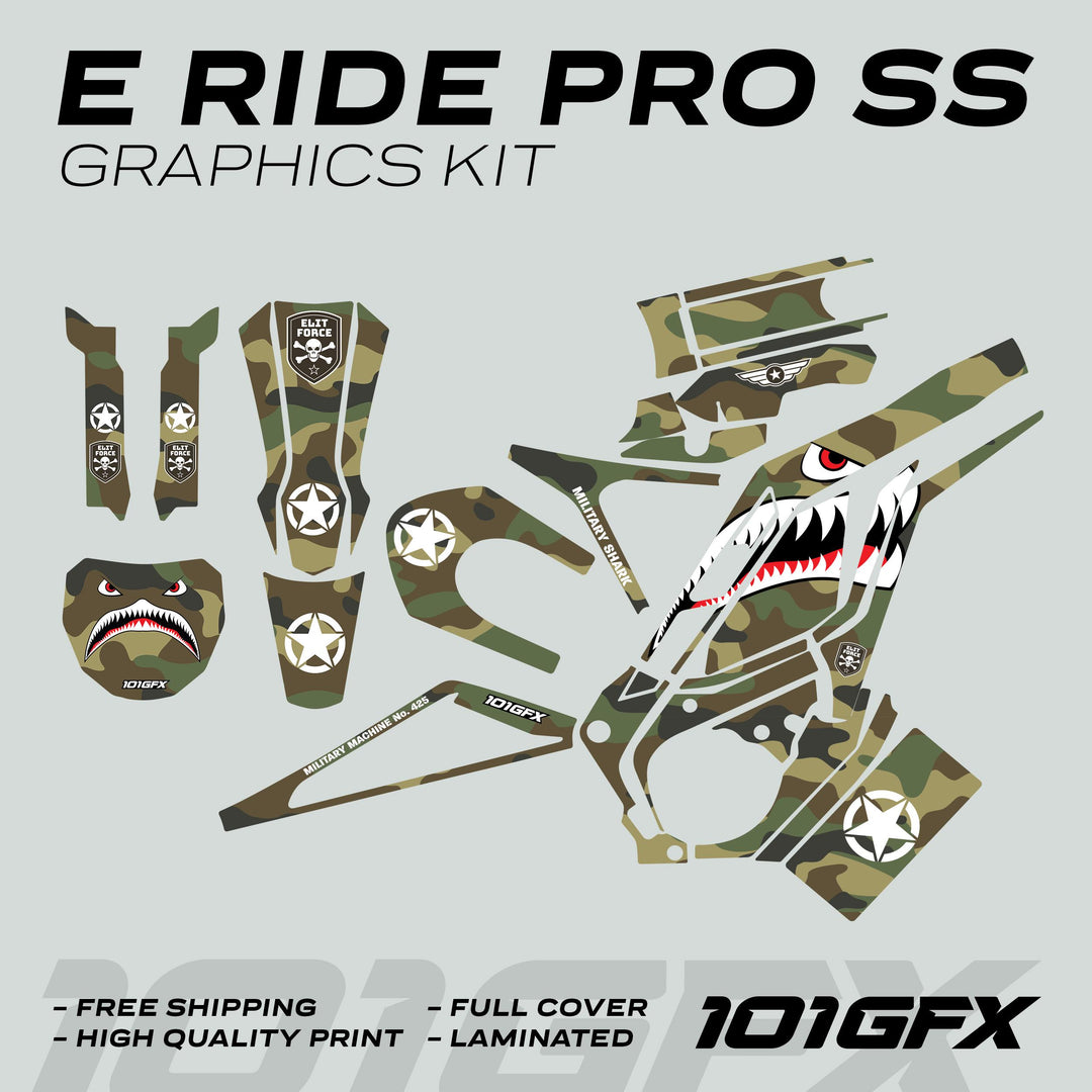E Ride Pro SS Graphics Kit MILITARY SHARK Camo, featuring camo decals, shark-mouth design, skull badges, stars, and bold branding for e-scooters.