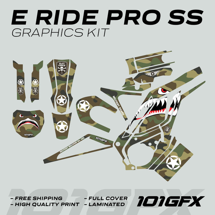 E Ride Pro SS Graphics Kit MILITARY SHARK Camo, featuring camo decals, shark-mouth design, skull badges, stars, and bold branding for e-scooters.