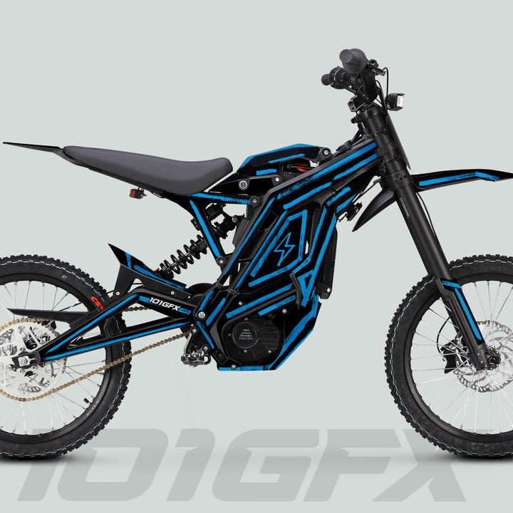Side-profile of a black-and-blue electric off-road motorcycle with the E Ride Pro SS Graphics Kit BRUSH Black Cyan, showcasing durable decals for enhanced aesthetic appeal.