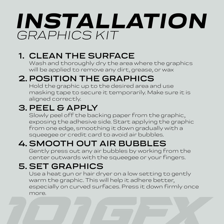 E Ride Pro SS Graphics Kit BRUSH Black Green installation steps sheet, detailing cleaning, positioning, applying, smoothing bubbles, and setting graphics with heat. Logo 101 GFX bottom.