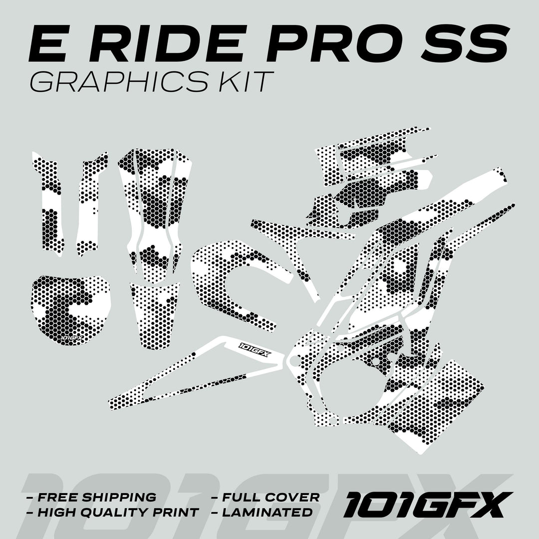 E Ride Pro SS Graphics Kit HEXOCAM WHITE decals on light gray, featuring black-and-white halftone patterns, highlighting high-quality, durable design for electric motorcycle bodywork.