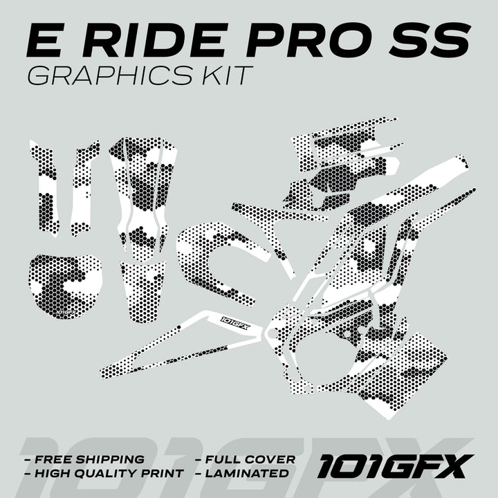 E Ride Pro SS Graphics Kit HEXOCAM WHITE decals on light gray, featuring black-and-white halftone patterns, highlighting high-quality, durable design for electric motorcycle bodywork.