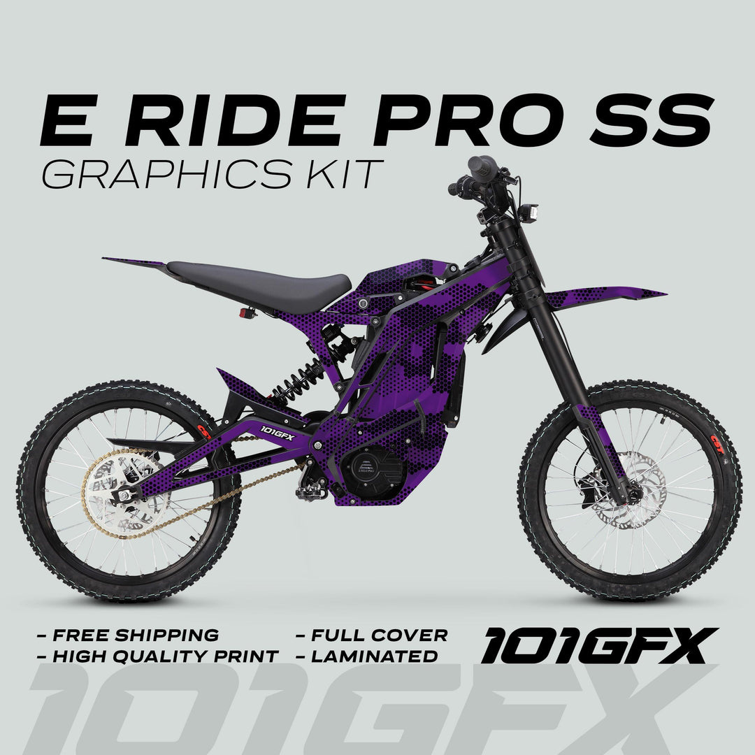 E Ride Pro SS Graphics Kit HEXOCAM PURPLE on bike, showcasing purple-black camo graphics with features: free shipping, high-quality, full cover, laminated, by 101GFX.