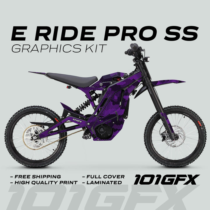 E Ride Pro SS Graphics Kit HEXOCAM PURPLE on bike, showcasing purple-black camo graphics with features: free shipping, high-quality, full cover, laminated, by 101GFX.
