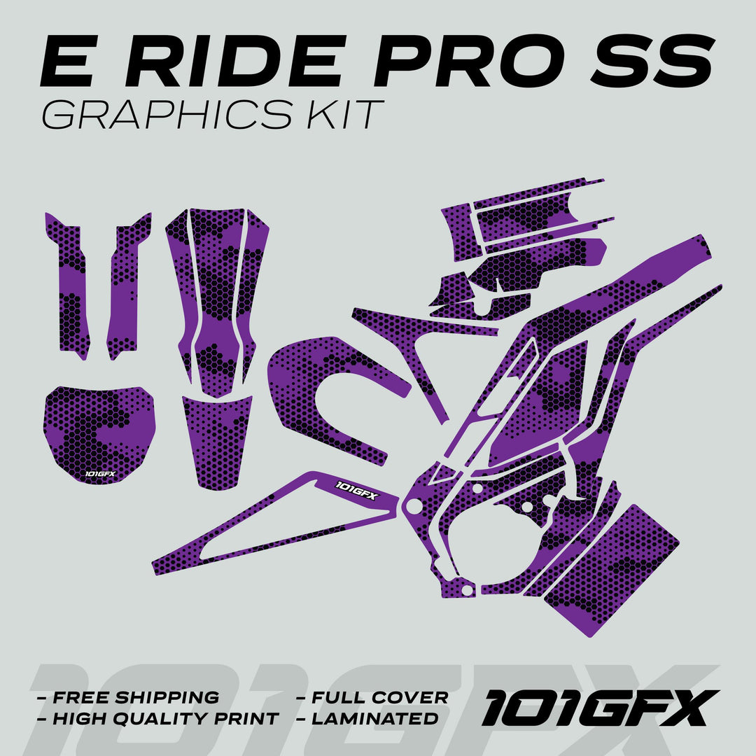 E Ride Pro SS Graphics Kit HEXOCAM PURPLE with die-cut vinyl pieces, offers a sleek, durable design for enhancing bike aesthetics, featuring highlights like Free Shipping and High Quality Print.
