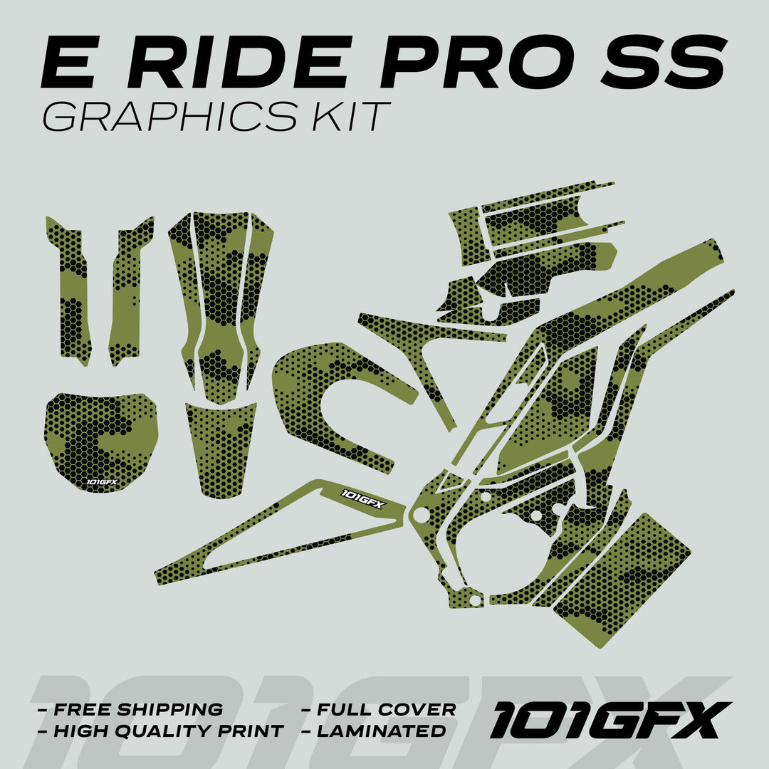 E Ride Pro SS Graphics Kit HEXOCAM OLIVE with olive-green and black patterns, includes fender and shroud decals, highlighting durability, easy application, and full coverage.