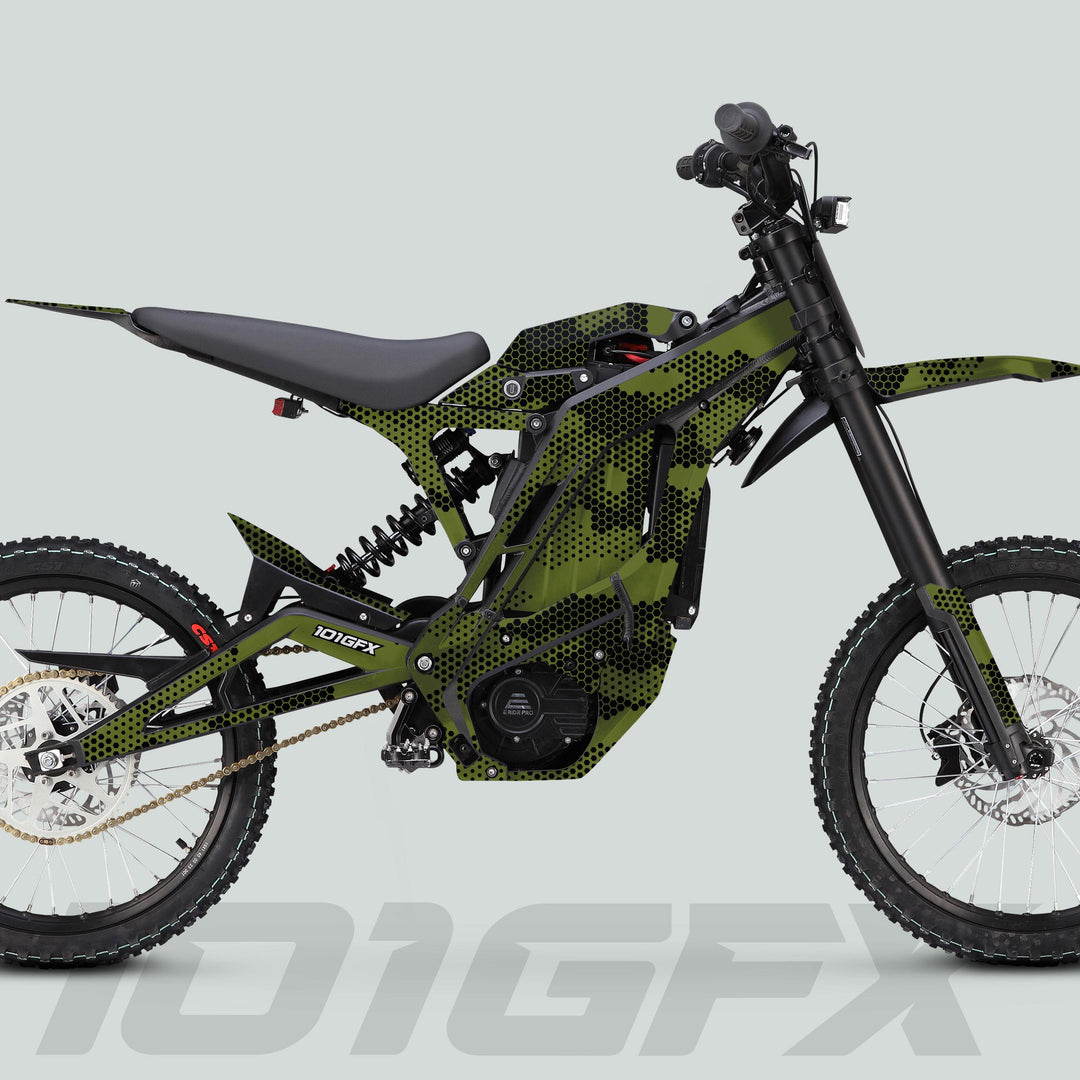 E Ride Pro SS Graphics Kit HEXOCAM OLIVE on an electric off-road bike with camouflage wrap, full suspension, knobby tires, and eRide Pro motor.