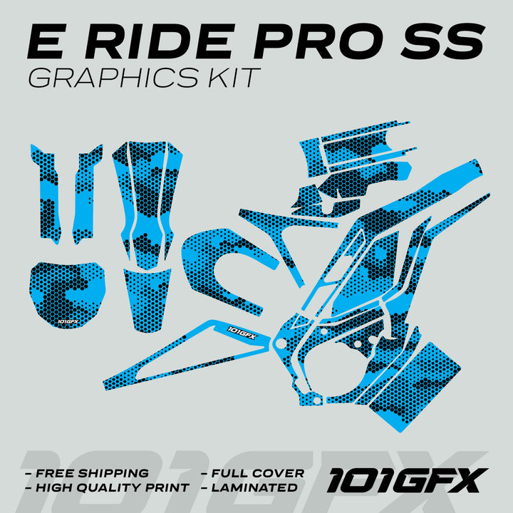 E Ride Pro SS Graphics Kit HEXOCAM CYAN, showing individual decals for full vehicle coverage, featuring a cyan-and-black halftone pattern with highlighted features like durability and easy installation.