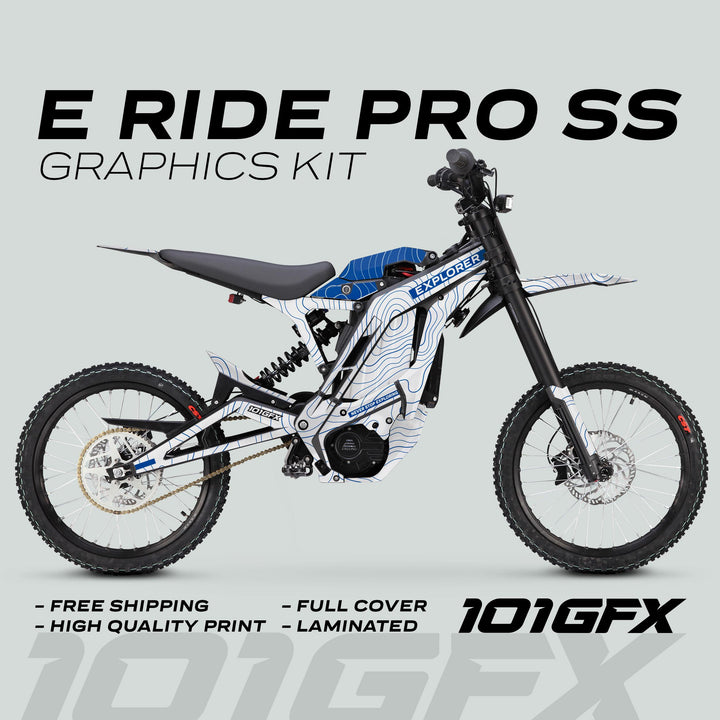E Ride Pro SS Graphics Kit EXPLORER showcases a white-and-blue topographic-line design on an electric dirt-bike, emphasizing full coverage and high-quality print.