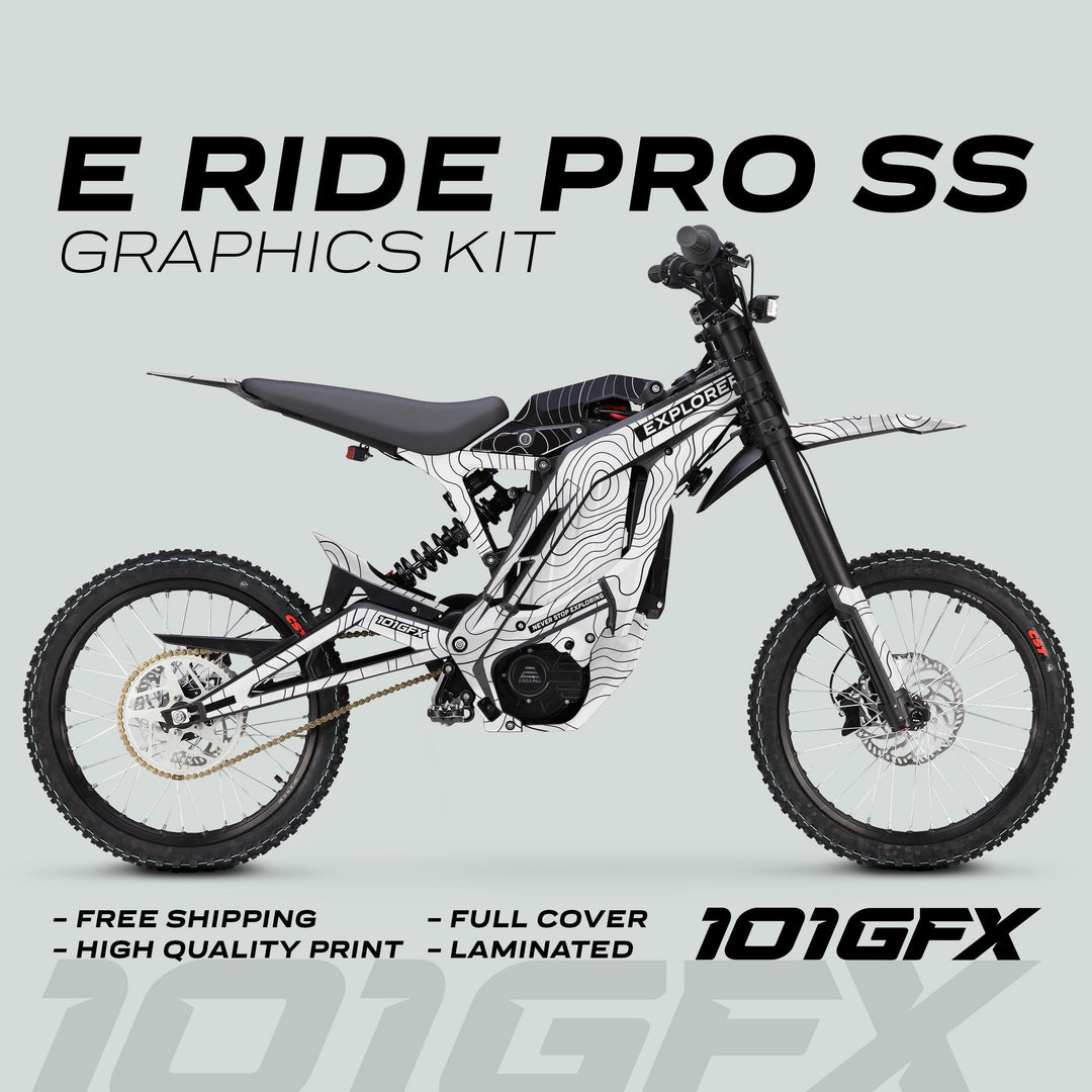 E Ride Pro SS Graphics Kit EXPLORER with topographic livery on electric bike, featuring free shipping, high-quality print, full-cover wrap, laminated finish, and 101GFX branding.