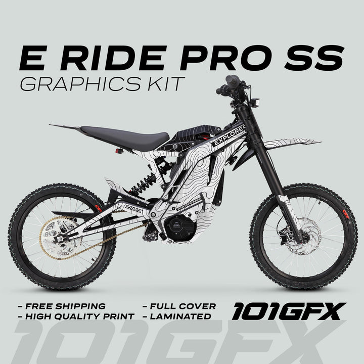 E Ride Pro SS Graphics Kit EXPLORER with topographic livery on electric bike, featuring free shipping, high-quality print, full-cover wrap, laminated finish, and 101GFX branding.