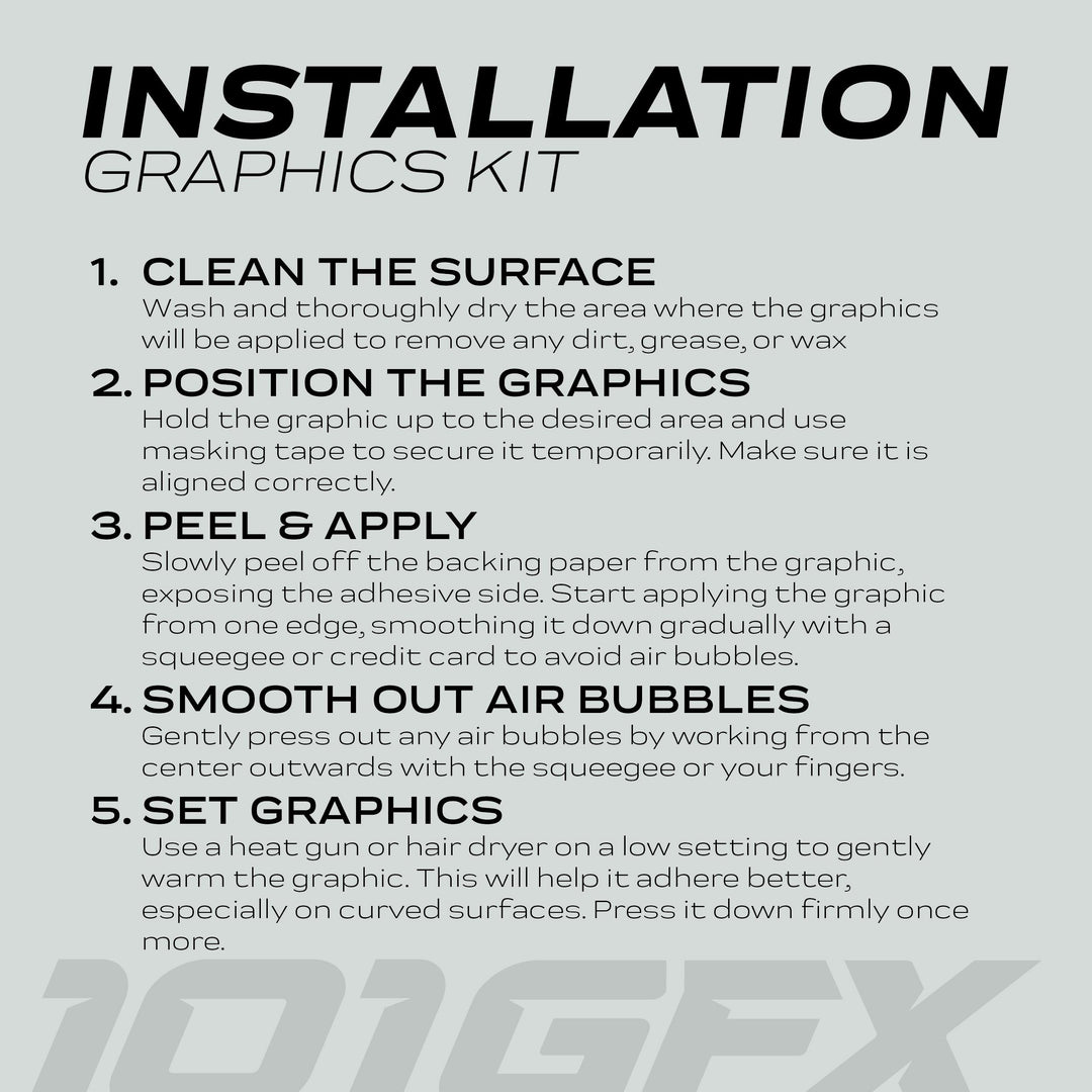 Instruction sheet for applying E Ride Pro SS Graphics Kit HEXOCAM AVENTUR, detailing cleaning, positioning, applying, smoothing bubbles, and setting graphics with heat for E Ride Pro models.