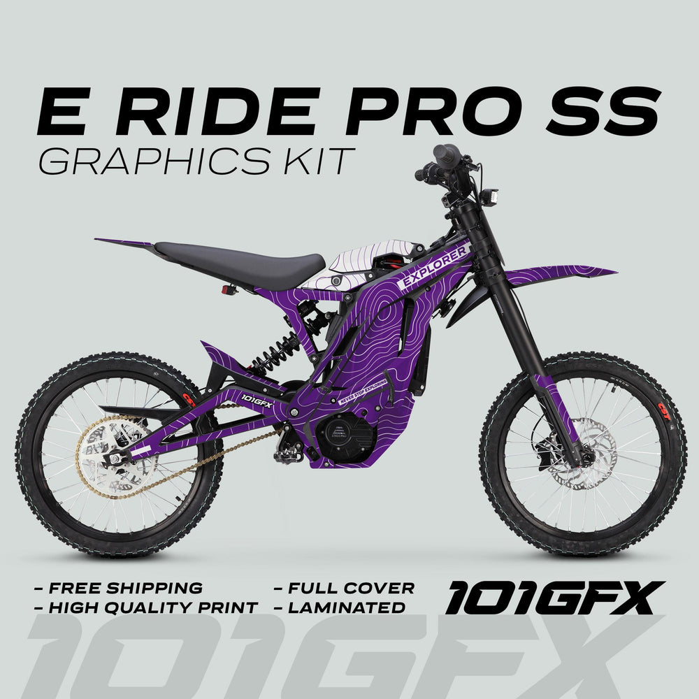 E Ride Pro SS Graphics Kit EXPLORER Purple White displayed on an electric bike, featuring a purple topographic vinyl decal with full-coverage, laminated finish, and highlighted features.