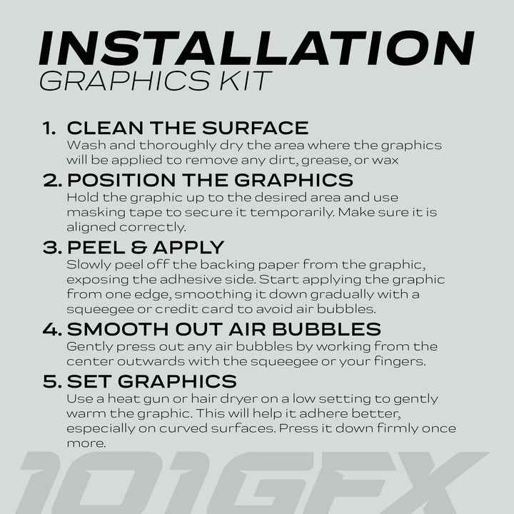 Instruction sheet for installing the E Ride Pro SS Graphics Kit EXPLORER White Black, detailing steps to clean, position, apply, smooth, and set vehicle decals.