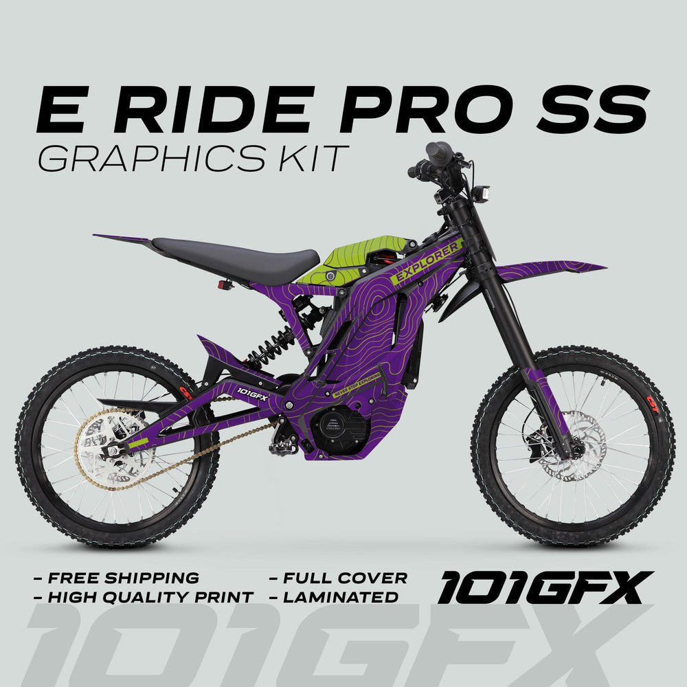 E Ride Pro SS Graphics Kit EXPLORER features vibrant purple and green contour lines, offering a bold look with durable, full-cover decals for your bike.