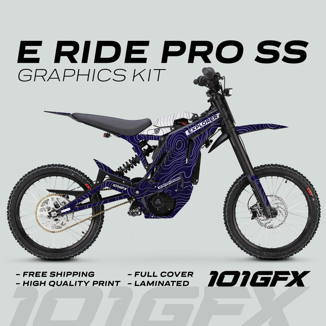 E Ride Pro SS Graphics Kit EXPLORER Navy White on electric dirt-bike, showcasing navy-white topographic decals, emphasizes durability, visibility, and easy installation with free shipping.