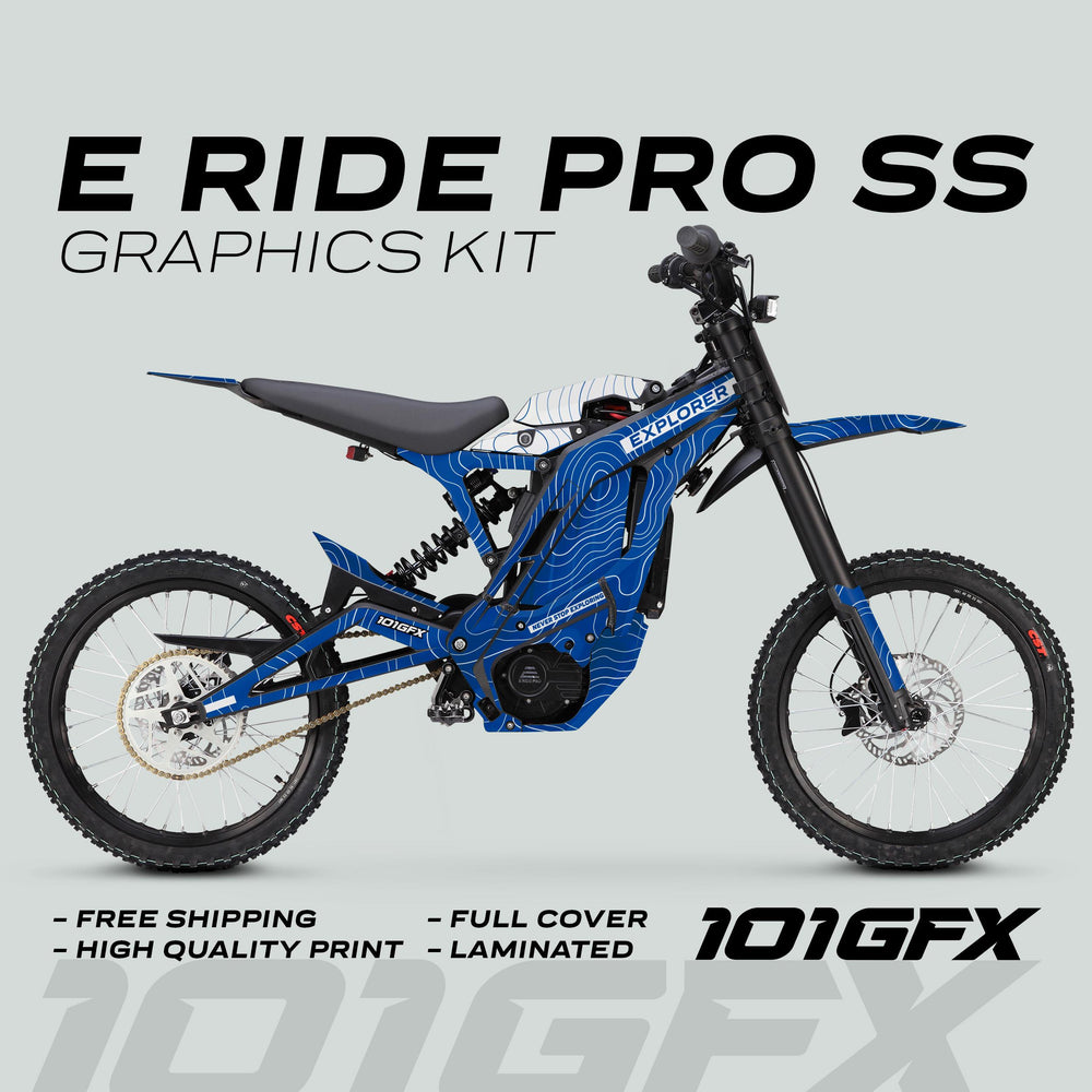 E Ride Pro SS Graphics Kit EXPLORER Blue White displayed on the bike, showcasing its topographic design, full coverage, and high-quality finish for off-road aesthetics.