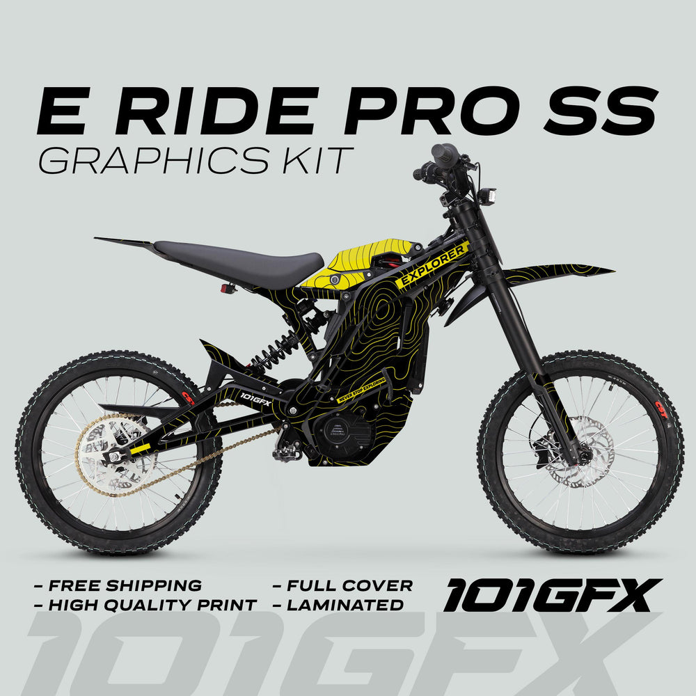 E Ride Pro SS Graphics Kit EXPLORER Black Yellow on bike, featuring black decal with yellow contour lines and EXPLORER text, highlighting durability and sporty aesthetics.