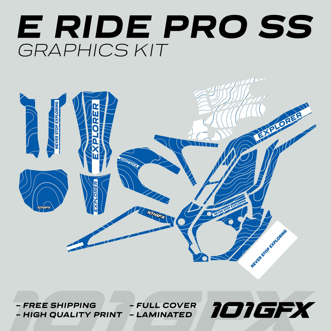 E Ride Pro SS Graphics Kit EXPLORER Blue White, showcasing blue and white vinyl decals with contour-map lines, branding, and key features like full coverage and high-quality print.