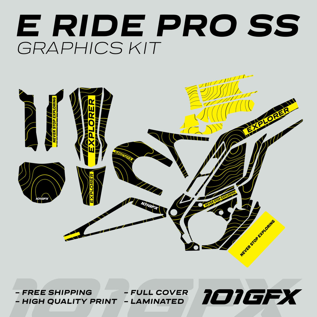 E Ride Pro SS Graphics Kit EXPLORER Black Yellow, featuring die-cut vinyl pieces with topographic design and text, tailored for e-bike frame customization and protection.
