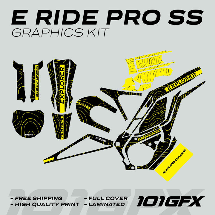 E Ride Pro SS Graphics Kit EXPLORER Black Yellow, featuring die-cut vinyl pieces with topographic design and text, tailored for e-bike frame customization and protection.