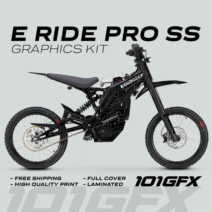 E Ride Pro SS Graphics Kit EXPLORER Black White wraps the bike with a topographic design, enhancing style and protection, highlighted by free shipping and quality features.