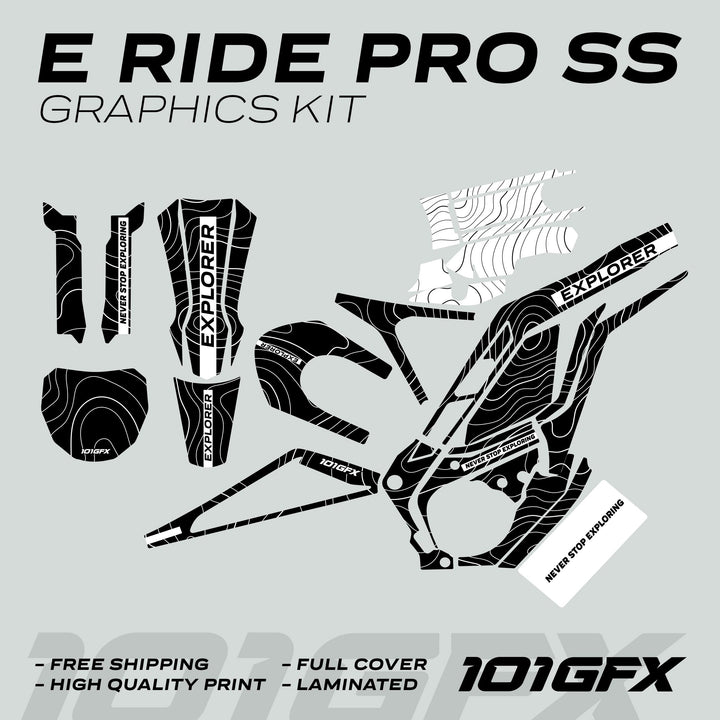 E Ride Pro SS Graphics Kit EXPLORER Black White: Vinyl decals for e-bike frame with topographic lines, labels, and maker's logo, featuring durability and easy application.