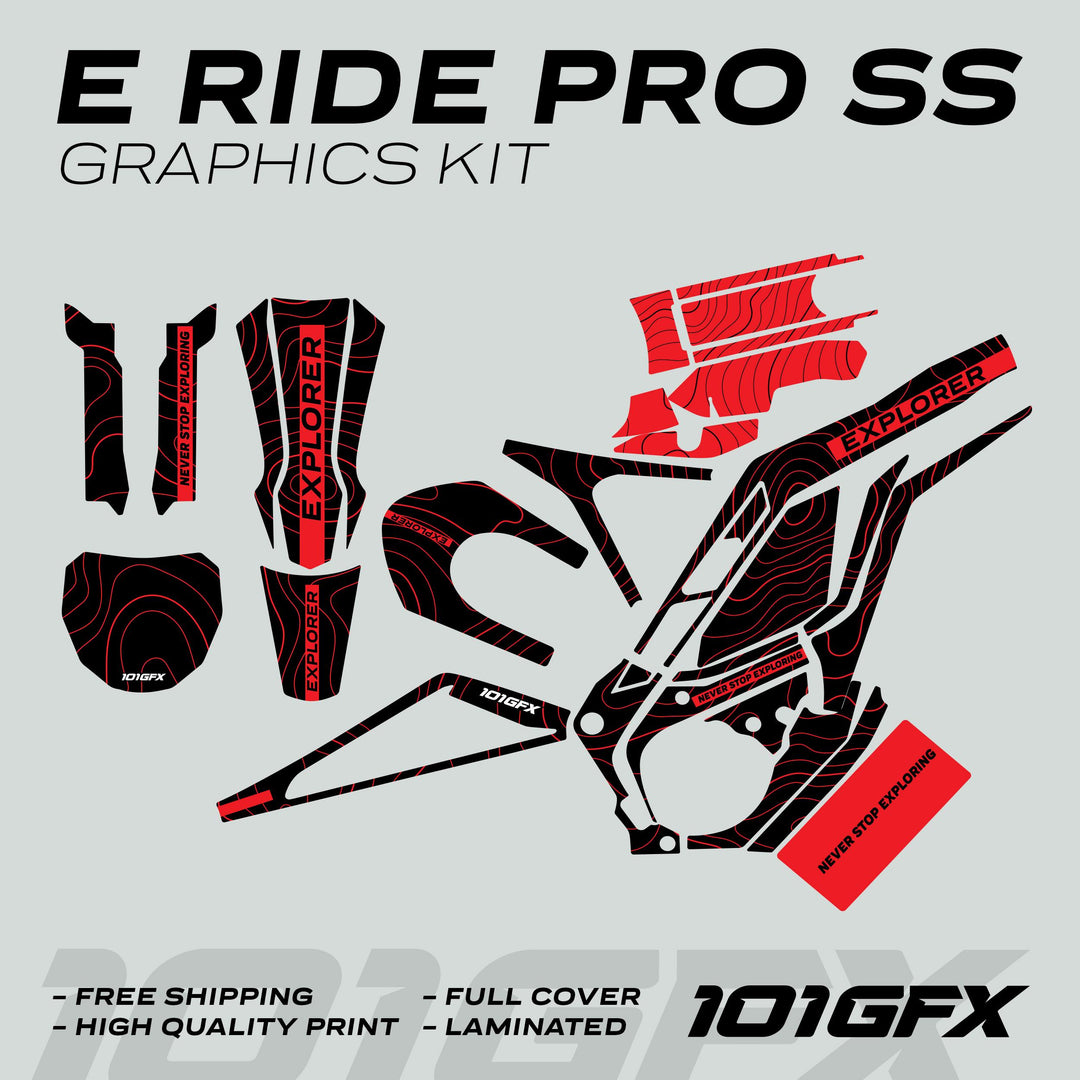 E Ride Pro SS Graphics Kit EXPLORER Black Red with black-red topographic decals, EXPLORER text, 101GFX branding, promoting free shipping and high-quality, laminated finish.