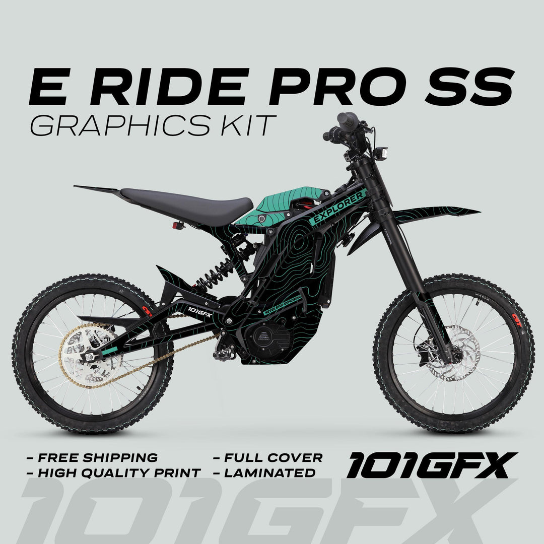 E Ride Pro SS Graphics Kit EXPLORER Black Mint on electric dirt bike, showcasing teal-on-black topographic design with Explorer branding, promising full coverage and durability.