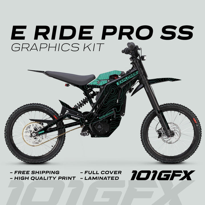 E Ride Pro SS Graphics Kit EXPLORER Black Mint on electric dirt bike, showcasing teal-on-black topographic design with Explorer branding, promising full coverage and durability.