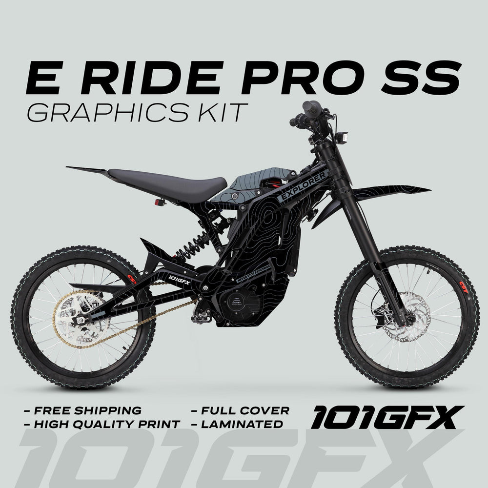 E Ride Pro SS Graphics Kit EXPLORER Black Grey on electric dirt-bike, showcasing full-coverage topographic wrap with highlighted features: free shipping, high-quality print, full cover, laminated.