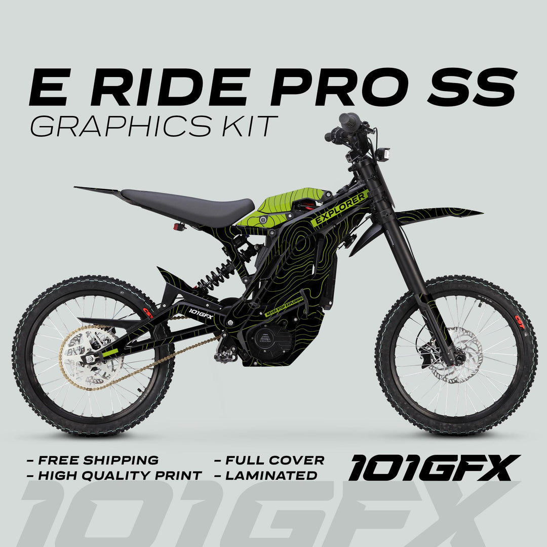 E Ride Pro SS Graphics Kit EXPLORER Black Green, featuring a black-and-neon-green topographic design on a dirt bike, highlighting durability, easy application, and a perfect fit.