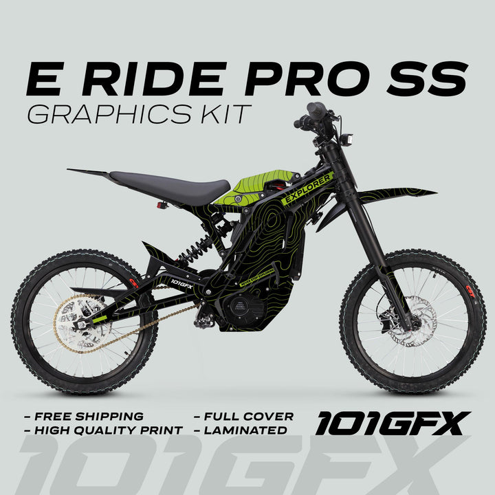 E Ride Pro SS Graphics Kit EXPLORER Black Green, featuring a black-and-neon-green topographic design on a dirt bike, highlighting durability, easy application, and a perfect fit.