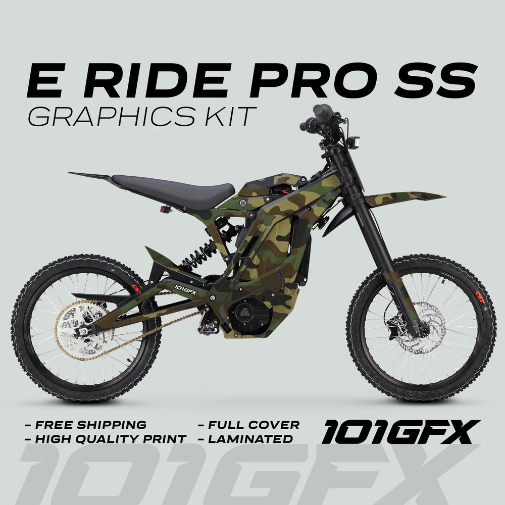 E Ride Pro SS Graphics Kit CAMOUFLAGE WOODLAND on electric dirt bike, showcasing full camo wrap with black components, emphasizing durability and style features.