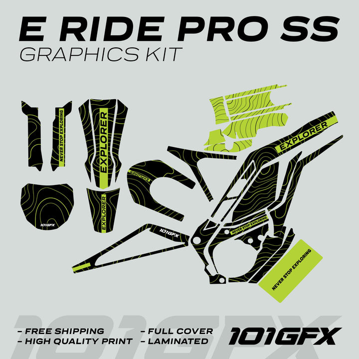 E Ride Pro SS Graphics Kit EXPLORER Black Green with topographic-line pattern, includes frame panels and fork guards, features durable, laminated vinyl for easy application.