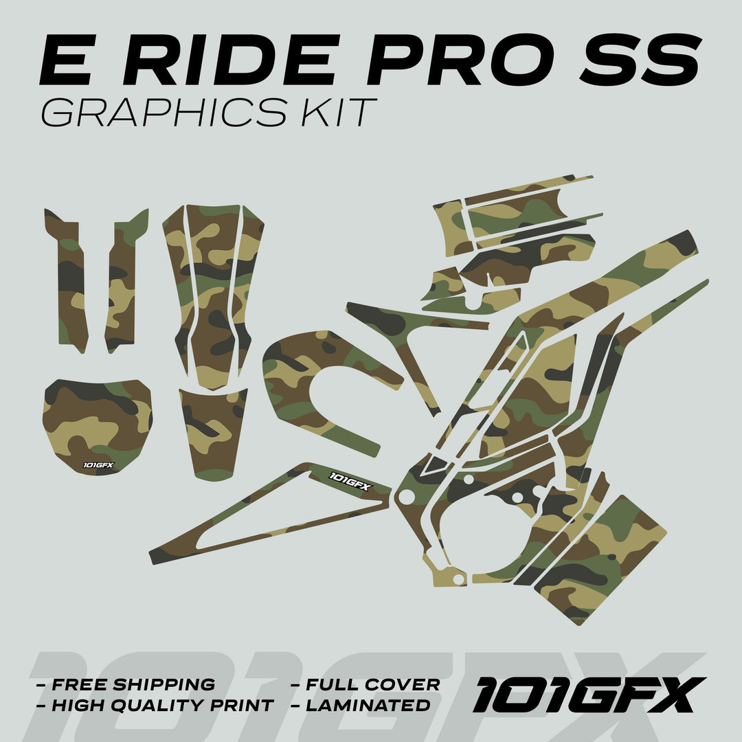 E Ride Pro SS Graphics Kit CAMOUFLAGE WOODLAND, displaying vinyl decal pieces for electric dirt-bikes, includes shrouds and panels, with features like free shipping and high-quality print.
