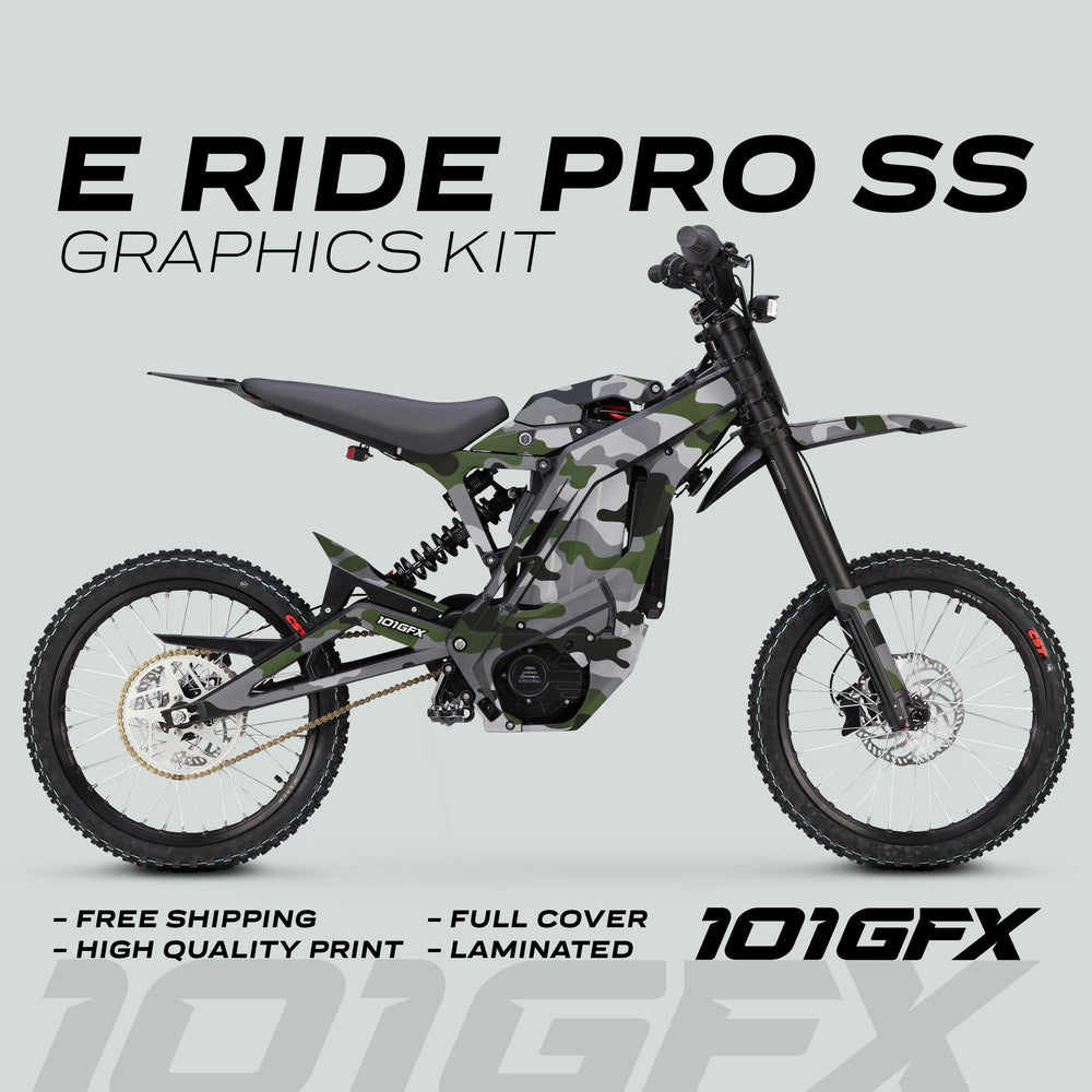 E Ride Pro SS Graphics Kit CAMOUFLAGE OLISH: Electric dirt-bike with camo graphics, showcasing durability, free shipping, and easy installation from 101GFX.