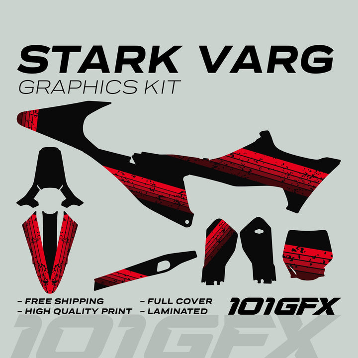 Stark Varg Graphics Kit RETRO RED Decals Stickers, showcasing full-coverage vinyl graphics with distressed black and red stripes for dirt bike plastics, includes fenders, shrouds, and plates.