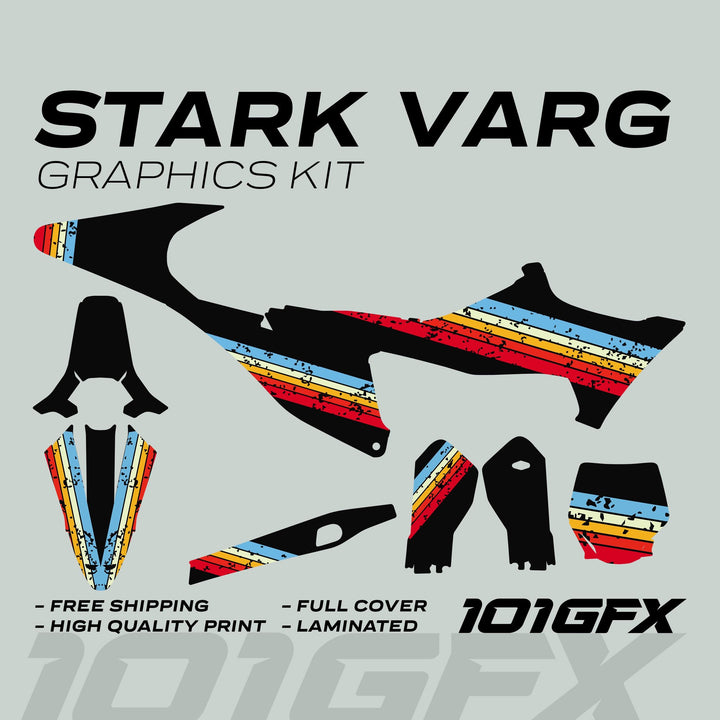 Stark Varg Graphics Kit RETRO ORIGINAL Decals Stickers with pre-cut templates laid flat, featuring distressed stripes; includes designs for fenders, panels, and plates.