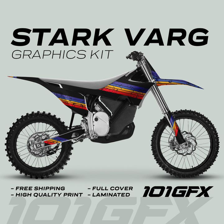 Stark Varg Graphics Kit RETRO MULTI Decals on a dirt bike, showcasing vibrant stripe design with promo for free shipping, high quality, full cover, laminated.