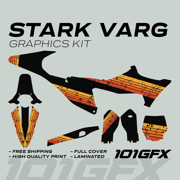 Stark Varg Graphics Kit RETRO ORANGE Decals Stickers laid out, featuring black pieces with distressed orange-to-yellow striping, highlighting high-quality, full-cover, laminated vinyl.