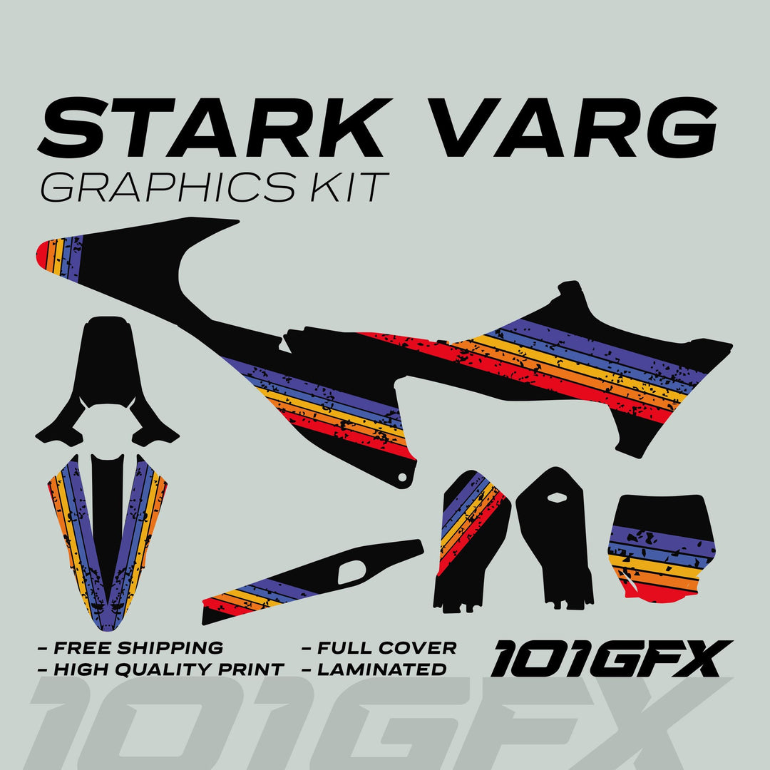 Stark Varg Graphics Kit RETRO MULTI Decals Stickers: Flat die-cut decals for dirt-bike, featuring distressed striping and vintage style, with easy peel and stick design.
