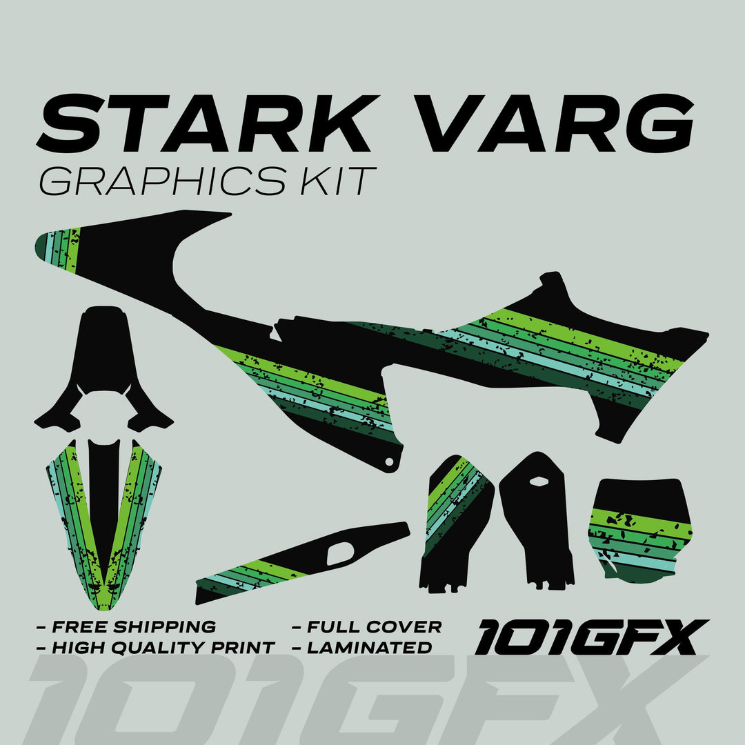 Stark Varg Graphics Kit RETRO GREEN showing decal pieces with black and green-to-teal stripes, emphasizing durability and custom fit for motocross enthusiasts.