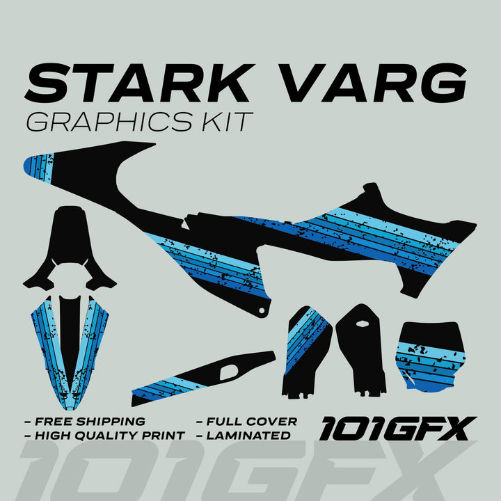 Stark Varg Graphics Kit RETRO BLUE Decals Stickers laid out, featuring durable vinyl pieces like side panels and number plates, with distressed blue stripes and promotional highlights.