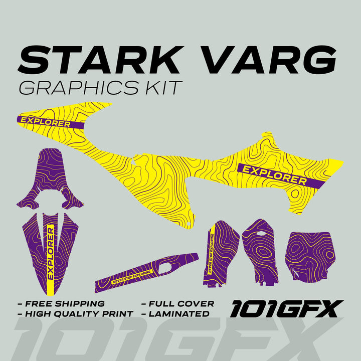 Stark Varg Graphics Kit EXPLORER YELLOW PURPLE Decals featuring topographic-contour pattern, branded text, and quality features for enhancing off-road vehicle aesthetics and durability.