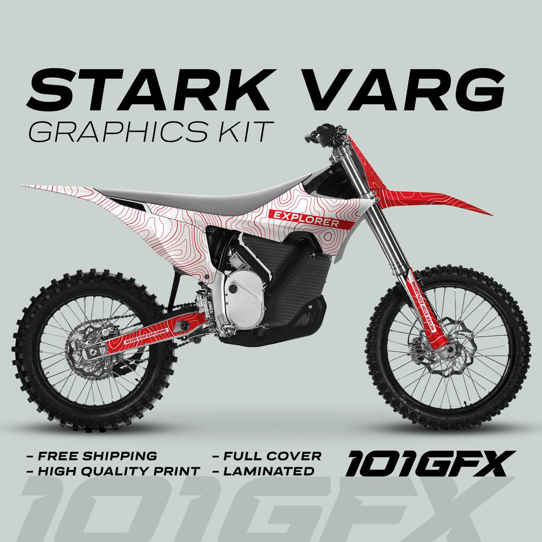 Stark Varg Graphics Kit EXPLORER WHITE RED Decals on dirt-bike, showcasing topographic design, promoting durability and style with “Never Stop Exploring” message. Features high-quality, full-cover, laminated decals.