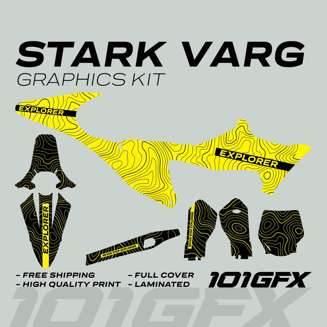 Stark Varg Graphics Kit EXPLORER YELLOW BLACK: Die-cut decals with topographic pattern for dirt-bike, featuring EXPLORER text. Includes free shipping, high-quality print, and laminated finish.