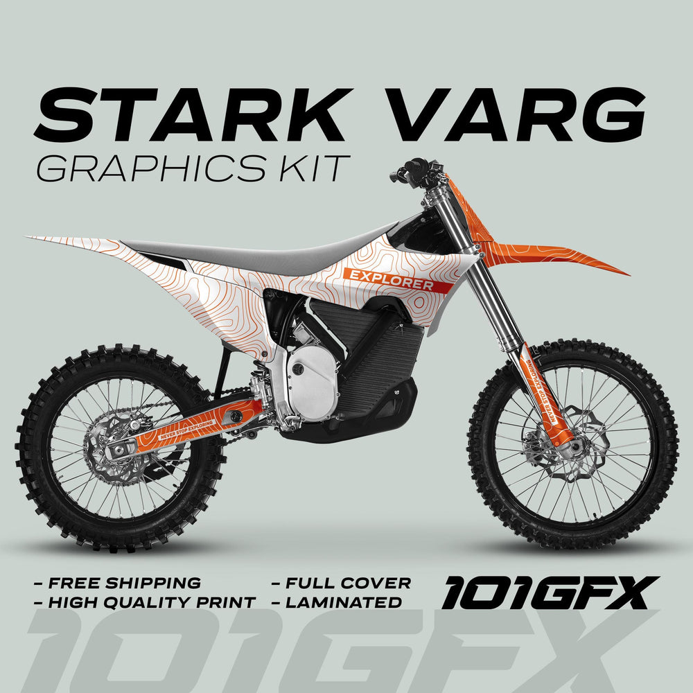 Stark Varg Graphics Kit EXPLORER WHITE ORANGE on dirt-bike, featuring topographic vinyl, EXPLORER text, full coverage, and promotional highlights for durability and easy application.