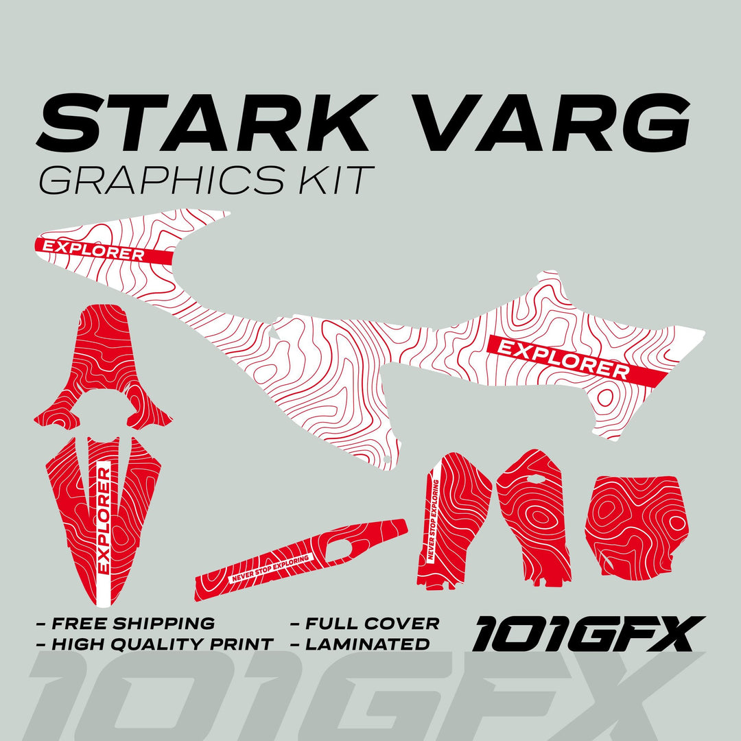 Stark Varg Graphics Kit EXPLORER WHITE RED Decals laid flat, featuring red-and-white topographic design, text EXPLORER and NEVER STOP EXPLORING, with 101GFX logo and feature highlights.